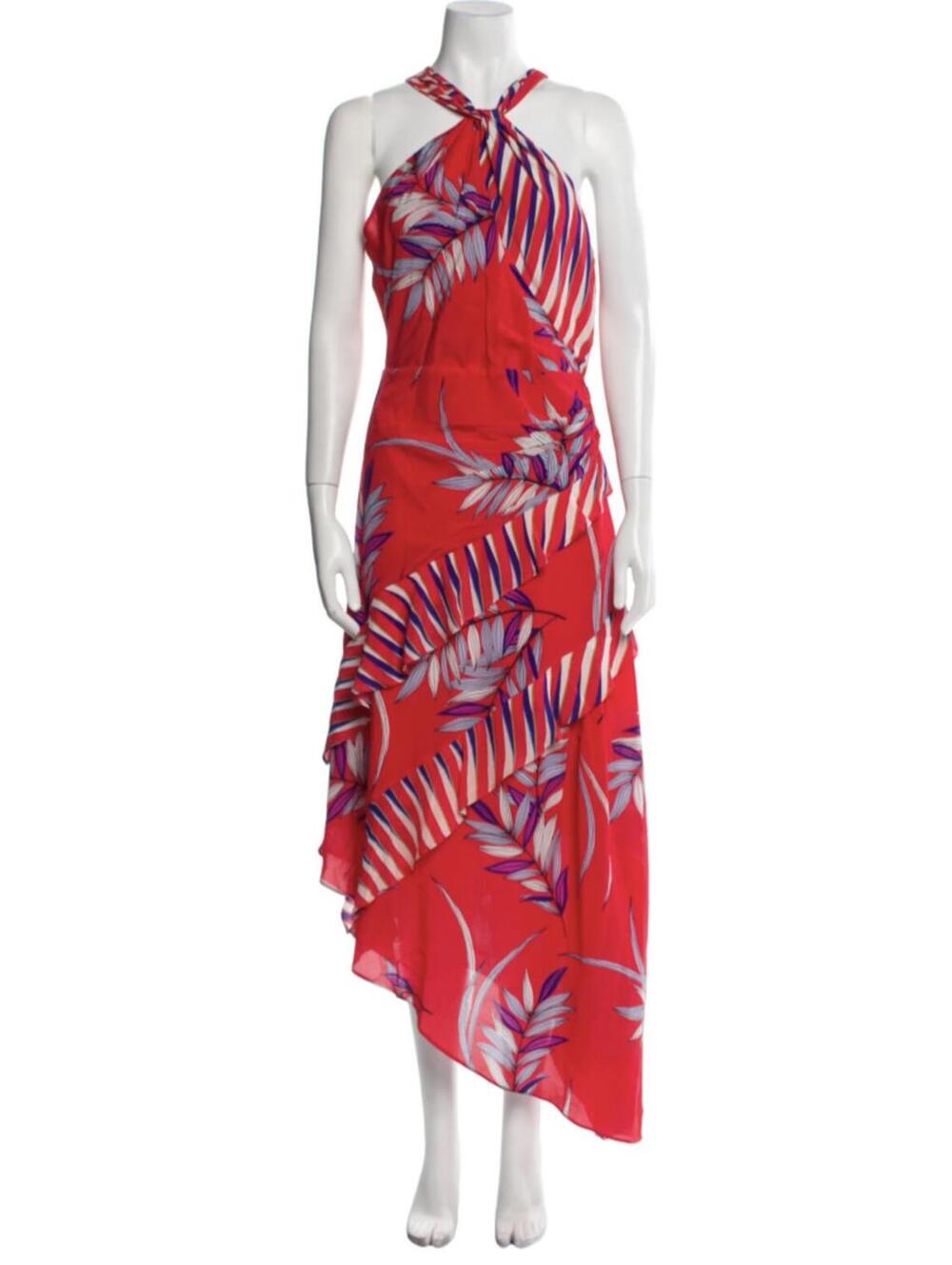Ramy Brook Red Tropical Floral Asymmetrical Halter Silk Dress - Size 8